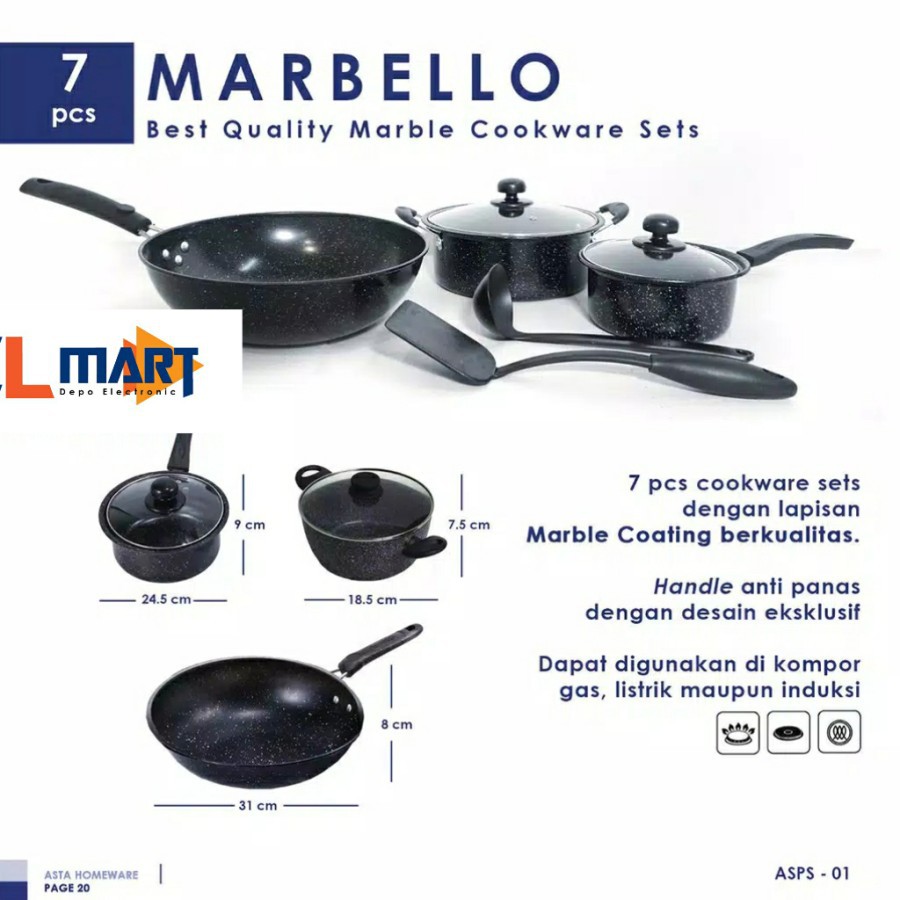 Marble Asta Marbello Cookware Set 7 Pc Anti Lengket Panci Wajan Set tutup kaca dan anti panas