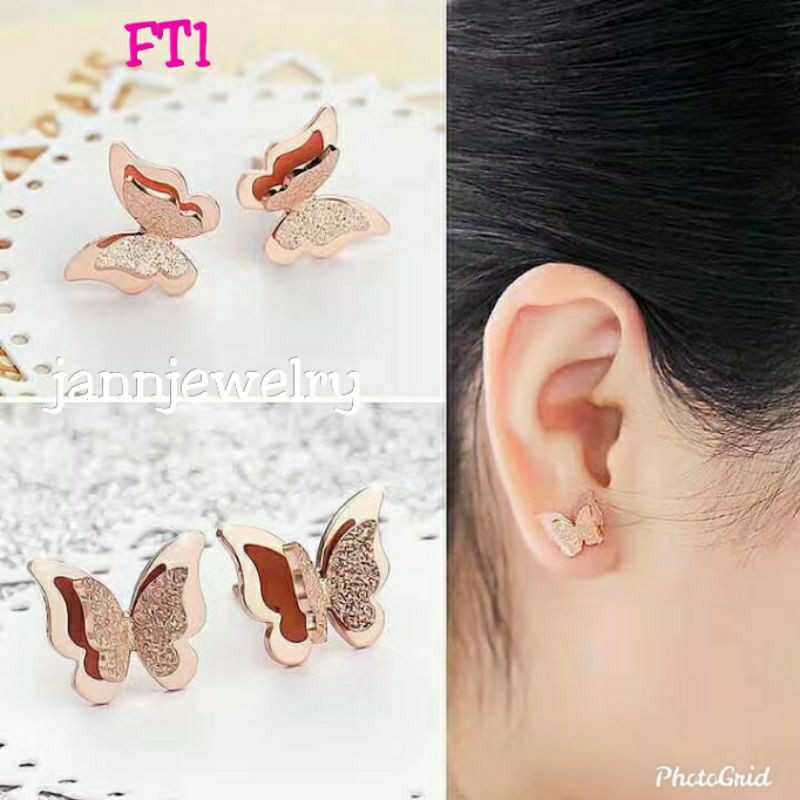 Anting Titanium Asli Fashion Korea Butterfly Kupu Anti Karat &amp; Alergi