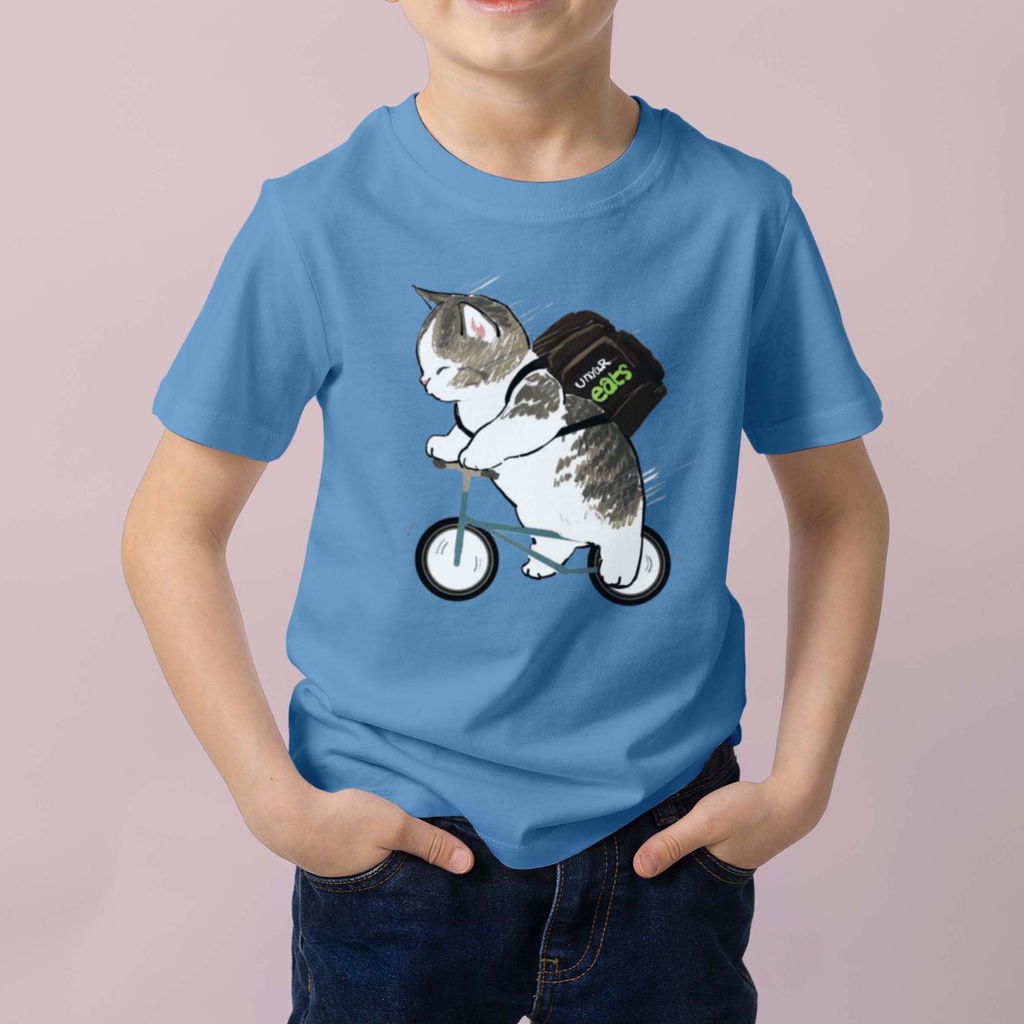 Kaos Anak Cowok Cewek Kucing Sepeda Biru Cotton Combed 30S