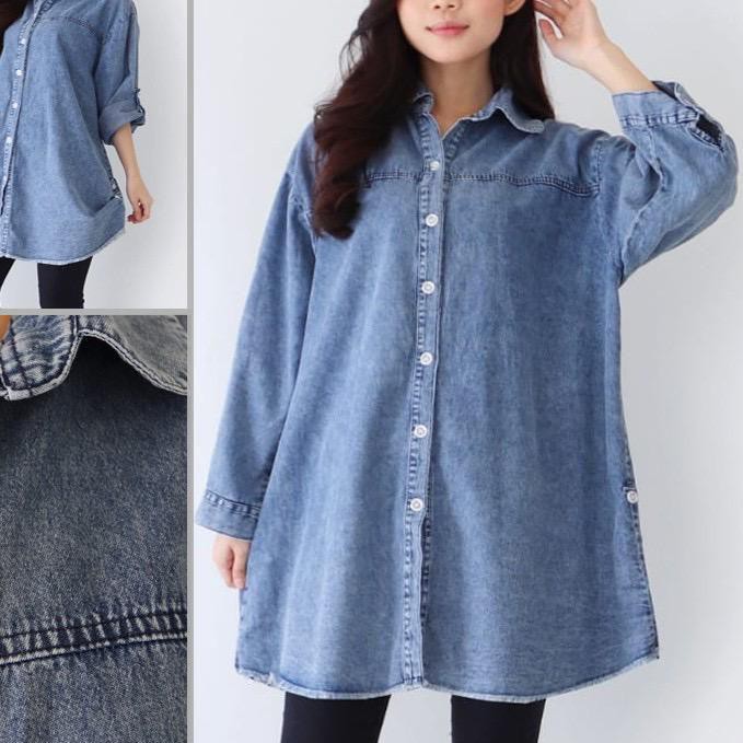 ➸ Baju atasan Kemeja JEANS LD 130cm Jumbo Wanita Cewek HAMIL BIG SIZE 5145 Kerja Kantor Pesta XXL XX