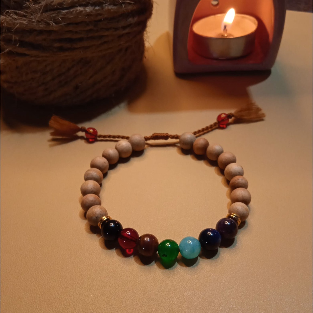 Gelang Batu Original Handmade Kayu Cendana Kombinasi Batu Alam 7 Chakra Kekinian