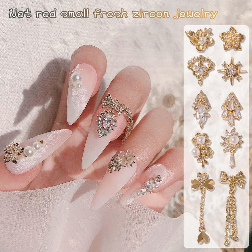 Rebuy Nail Art Rhinestones Mewah Clover Bunga Rantai Perhiasan Manikur Aksesoris Berlian Ornamen DIY Nail Art Jewelry