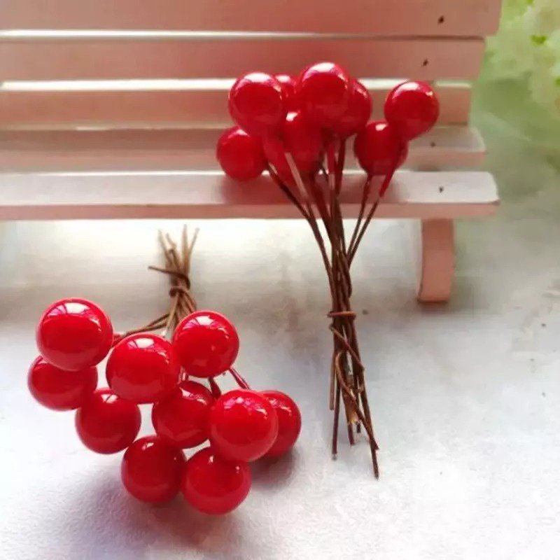 100Pcs RED mini Artificial Cherry Simulation Small Cherry Foam Plastic Fake Fruit Model Party Christmas Decoration 10mm