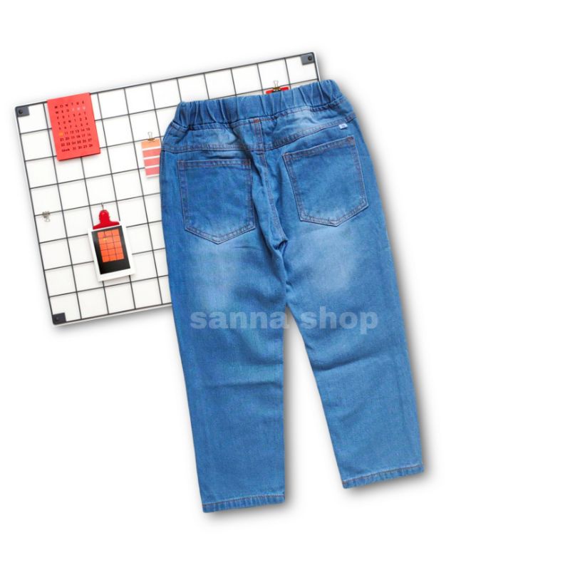 Celana jeans whisker bintang anak laki-laki warna biru muda usia 6-9 tahun , denim anak cowok