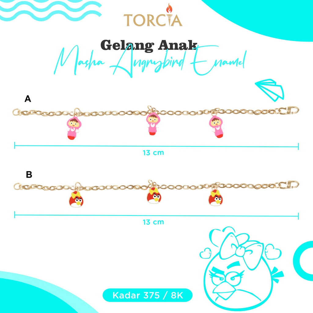 Gelang Rantai Anak Emas Asli Masha Angry Bird Enamel Kadar 375 Torcia