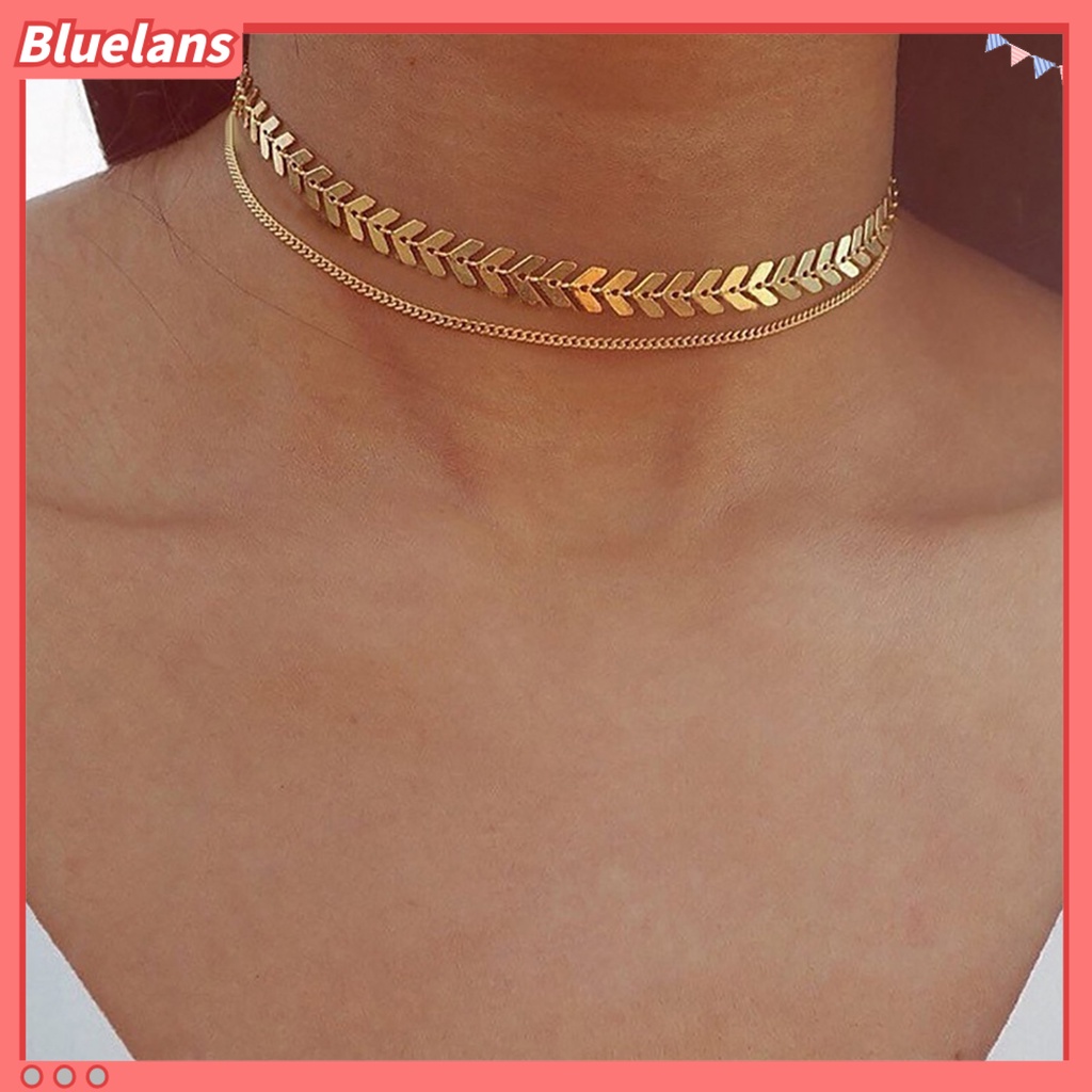 Bluelans Women Fashion Double Layers Fish Bone Chain Choker Necklace Jewelry