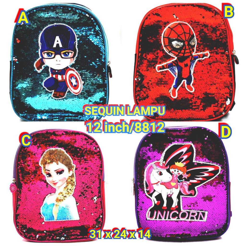 PA TAS RANSEL ANAK SEQUIN TAS LOL KARAKTER LED NYALA GLITTER TK SD PAUD WANITA / 8812 / TA037