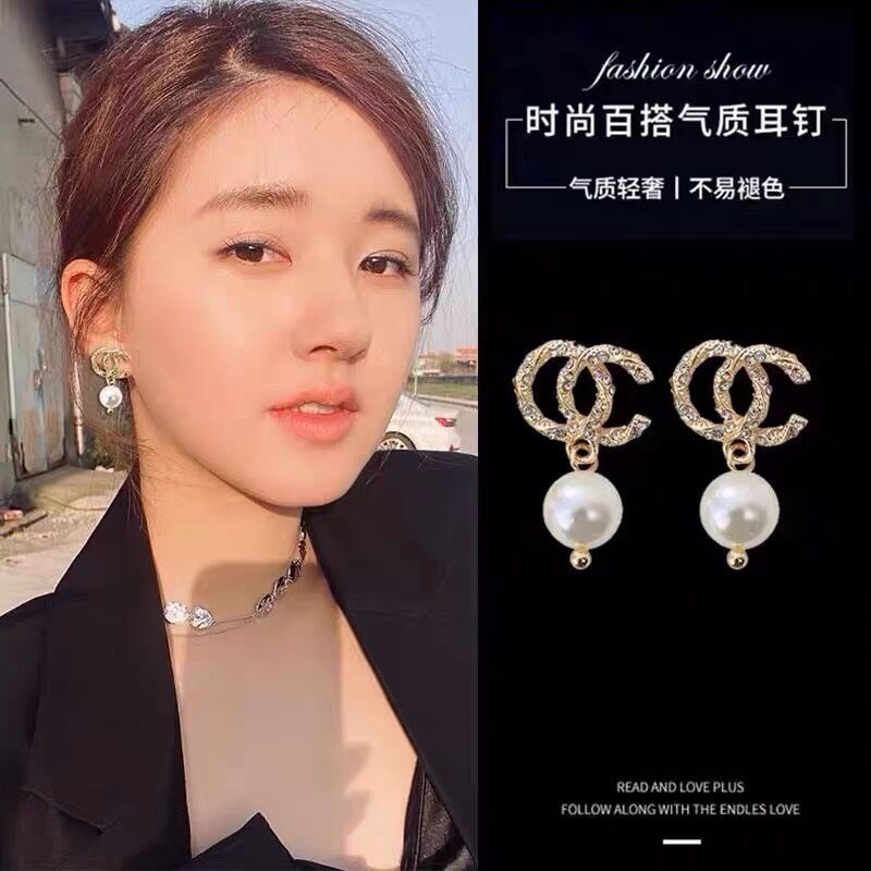 Anting Tusuk silver S925 Desain Huruf C Ganda Hias Mutiara Untuk Wanita