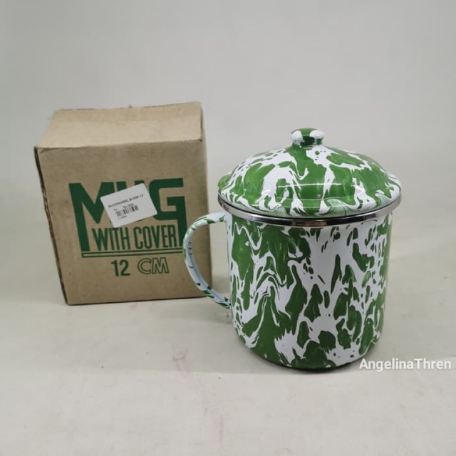Mug enamel bulrik uk 12cm - gelas mug enamel + tutup