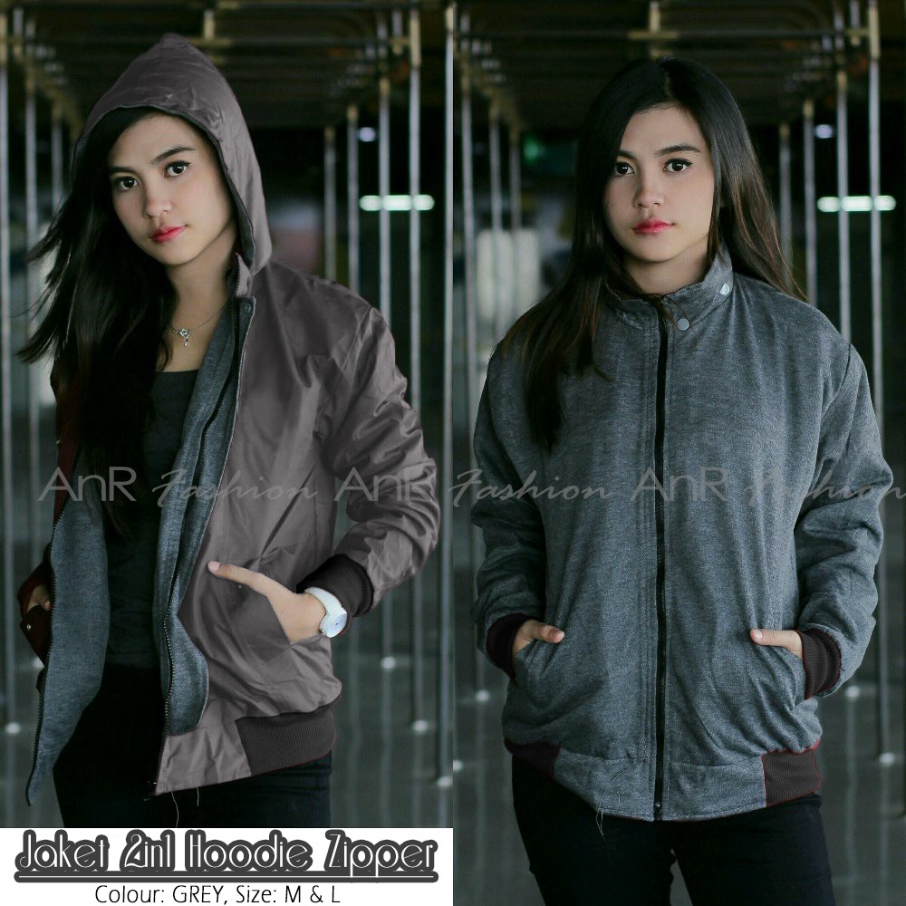 Jaket Bolak Balik 2in1 Bomber Parasut Fleece Hoodie Wanita Murah Kualita- Hitam/Navy/Maroon/Army/Abu