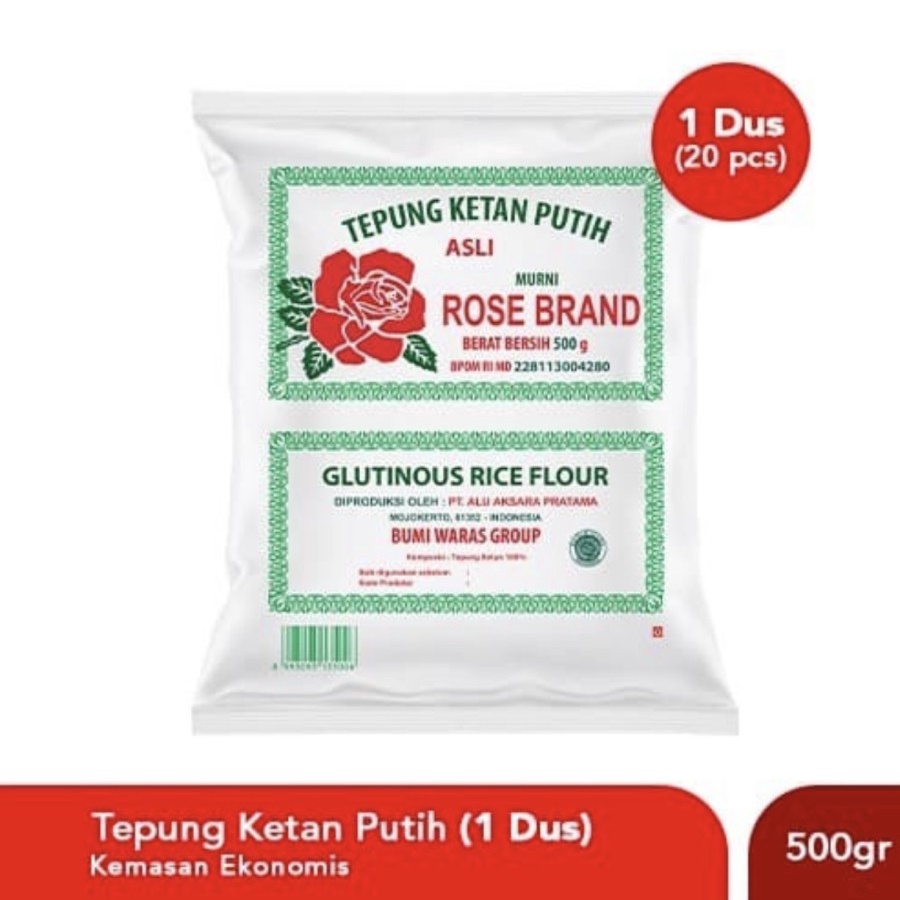 

Tepung Ketan Putih Rose Brand 500 gr x 20 bks per 1 Dus/Karton 10 kg