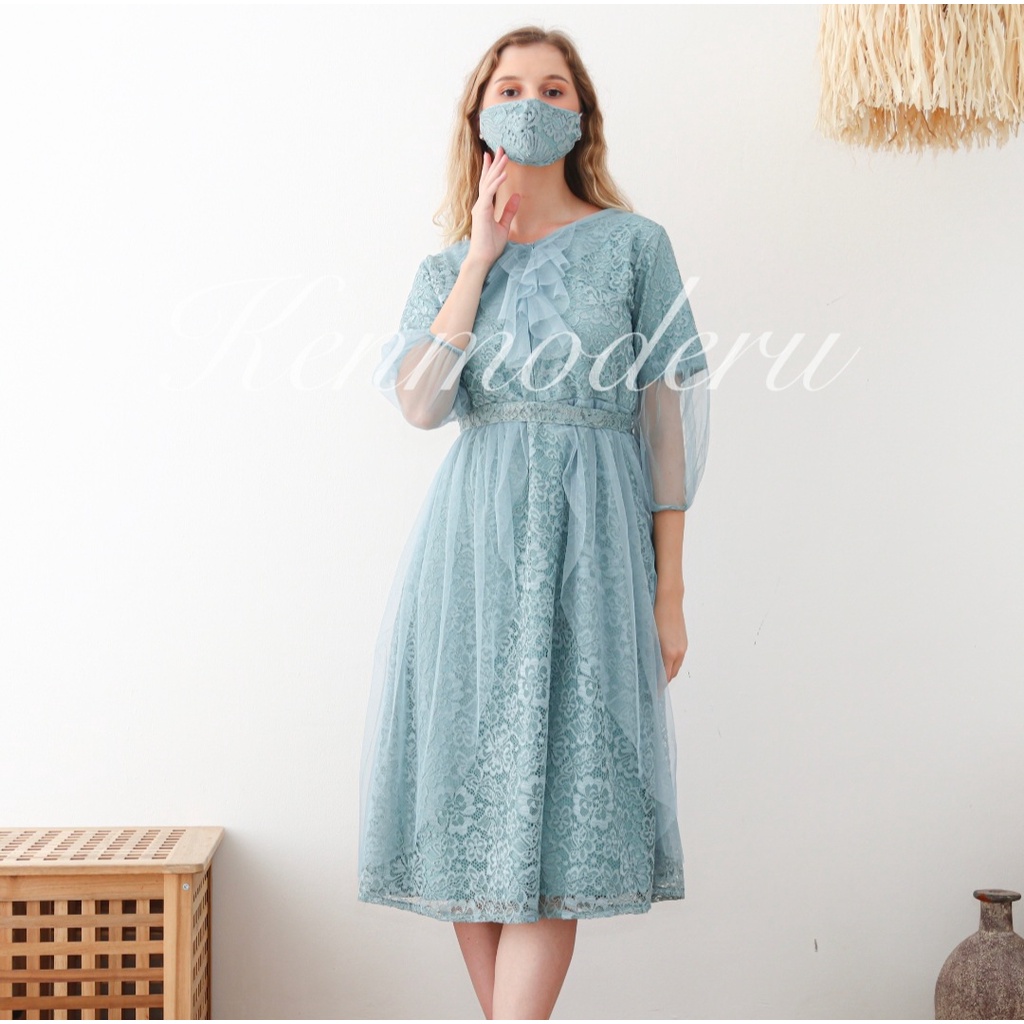 Ken-178B Dress Kondangan Dress Pesta Midi Wanita Mewah Tangan Tingkat A-Line Dress Korean Style Model Busui Seleting Depan Full Brukat Non Gliter tille dress with Masker dan Tali Pinggang