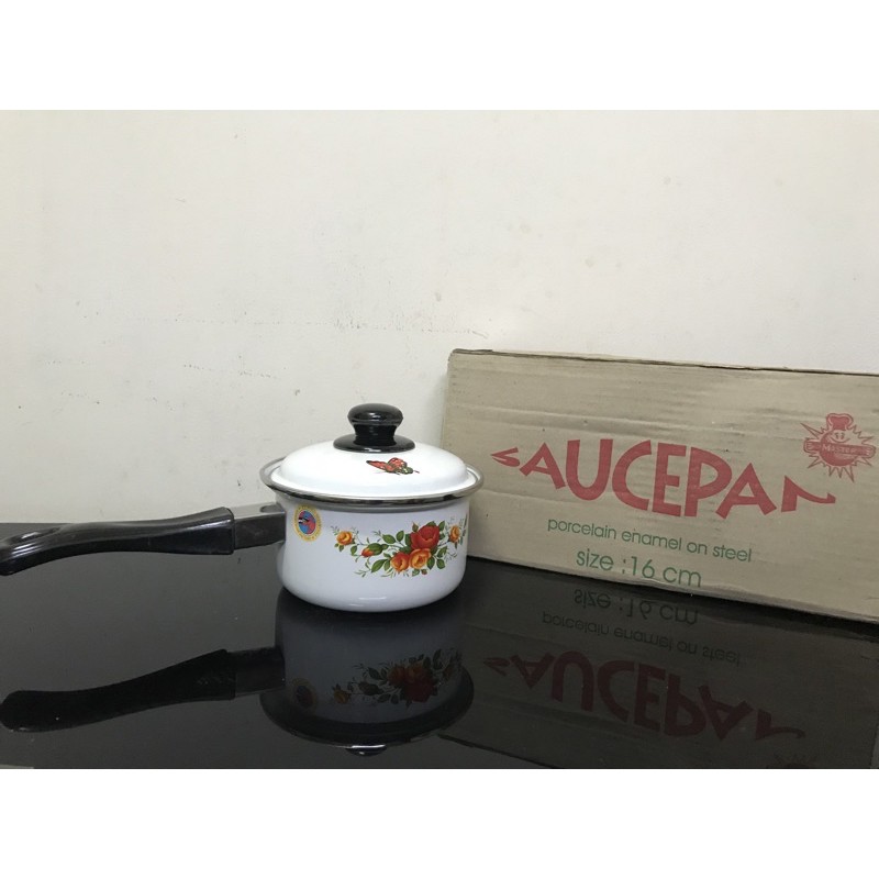 PANCI SUSU ENAMEL / SAUCE PAN 16 CM GAGANG HITAM DENGAN TUTUP