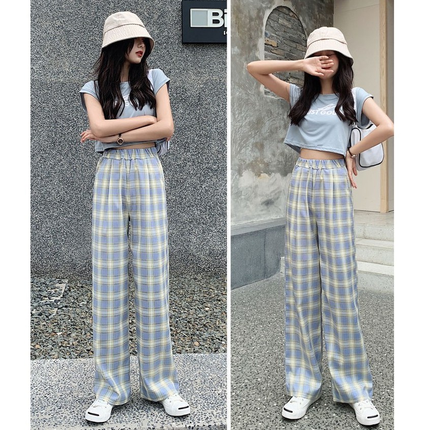 Kotak-Kotak Model Longgar Highwaist celana tartan wanita Celana Wanita Kekinian Korea Celana Kotak Kotak