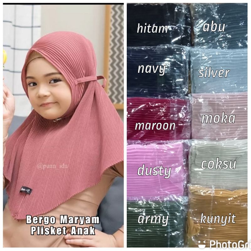 Jilbab Instan Bergo Maryam Anak Full Plisket Diamond Hitam Navy Maroon Dusty Abu Silver Moka Coksu A