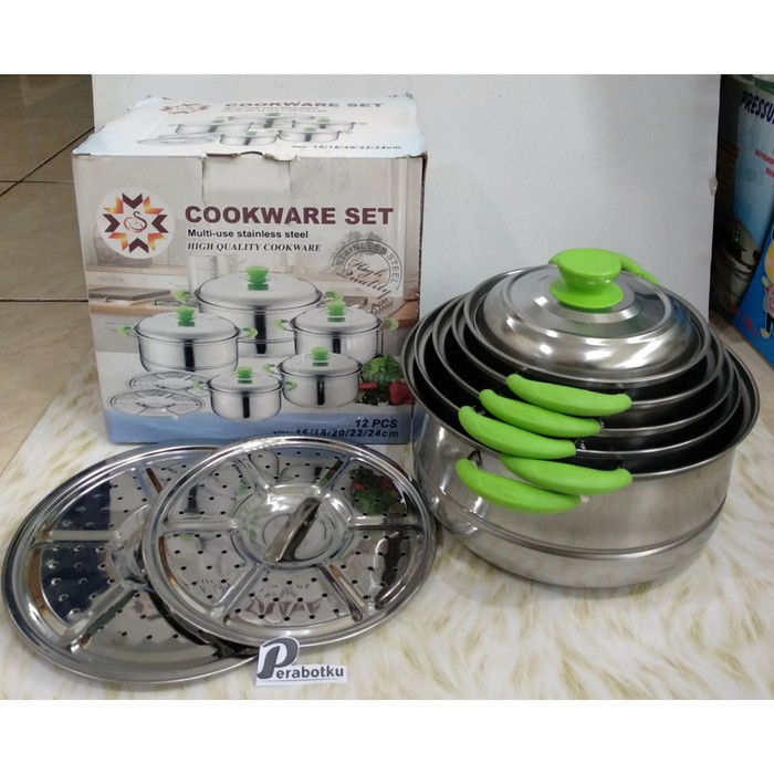 Panci Set + Steamer 12 Pcs Sunglas / Panci Stenlis Stainless Serbaguna