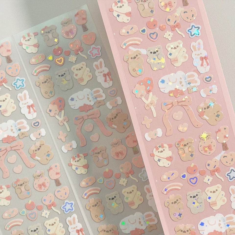 Galicici Stiker laser Motif Beruang / PET Goo Silver Gaya Korea Untuk Dekorasi Kartu DIY