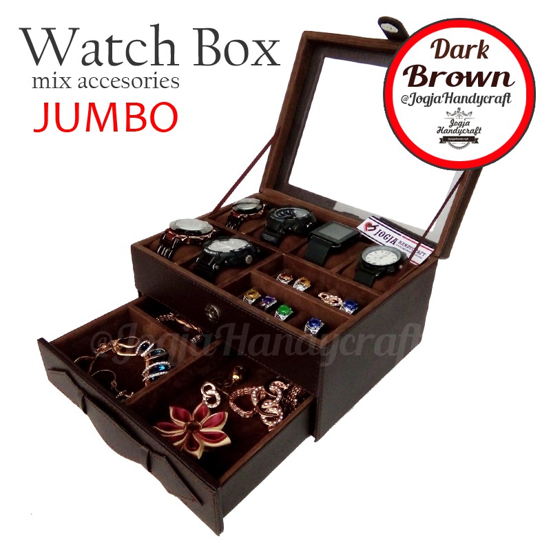 Kotak Tempat Jam Tangan JUMBO mix Tempat Perhiasan Susun Full Brown