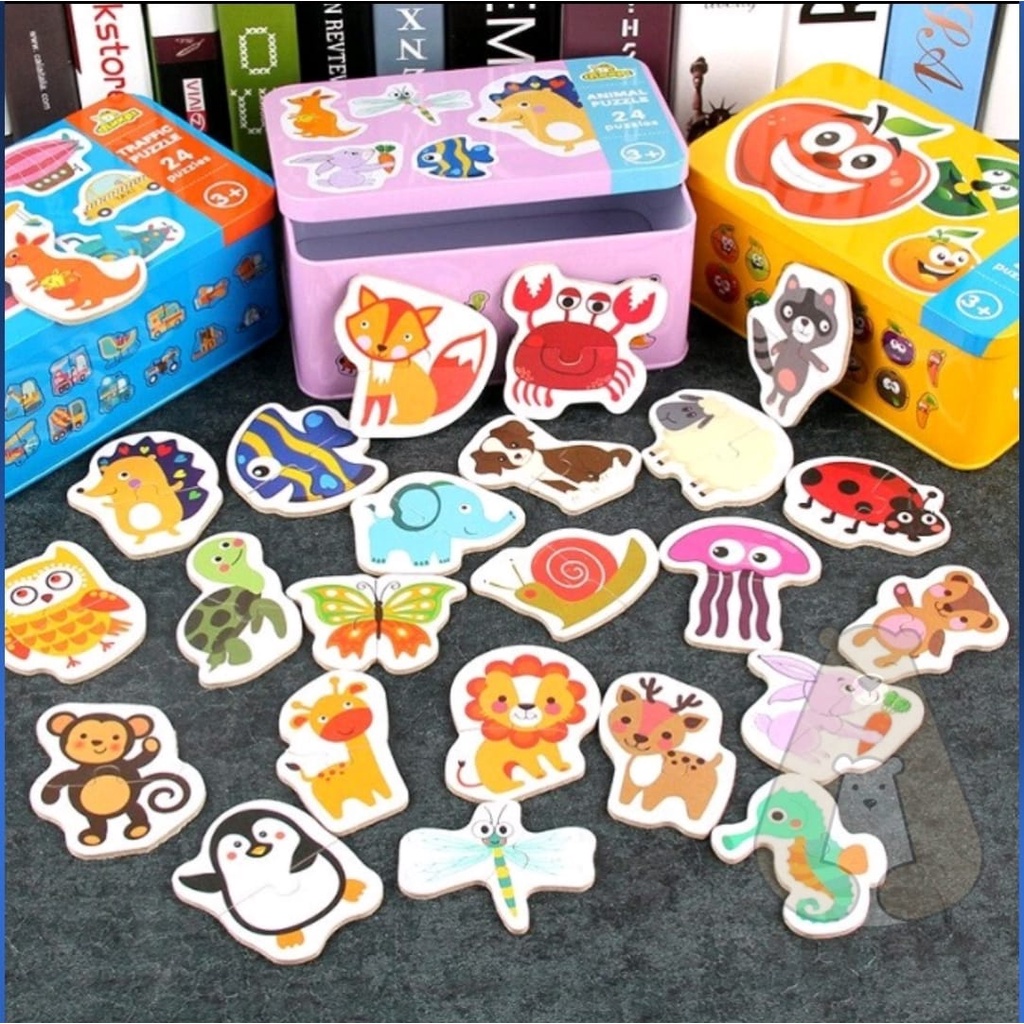 MAINAN EDUKASI PUZZLE 24 PCS / PUZZLE 2 KEPING KAYU LUCU / PUZZLE 24 PCS IN TIN BOX