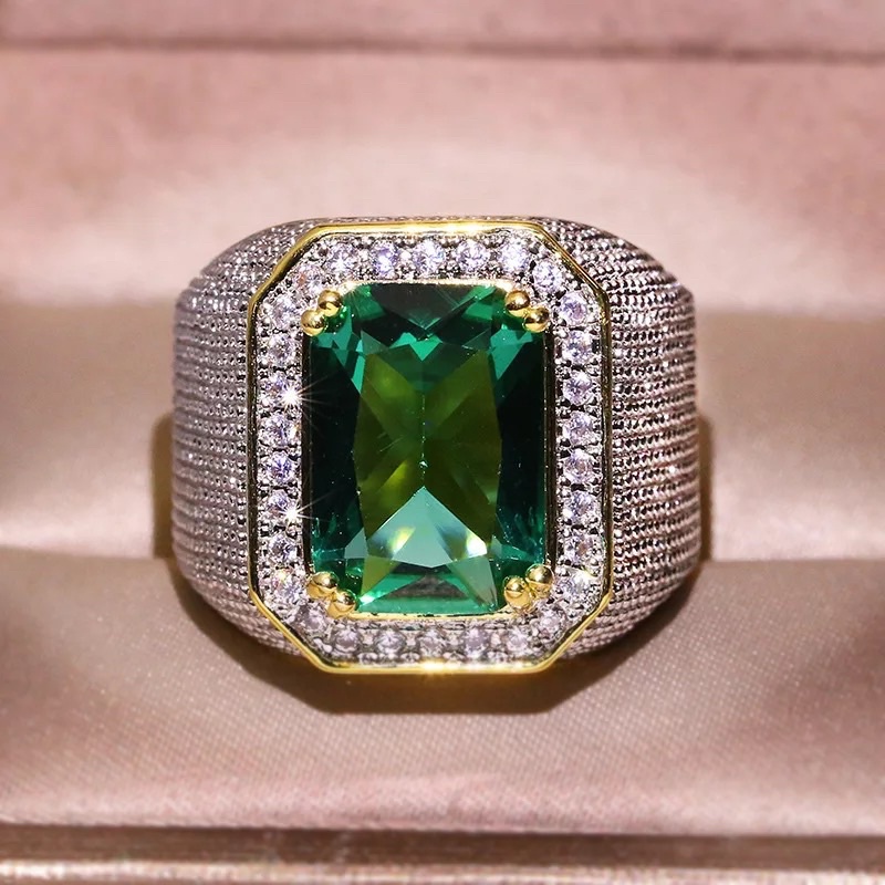 Cincin Pria Mewah Berkelas Batu Akik Permata Zamrud Green Emerald Cubic Zirconia Ring Gold Platted