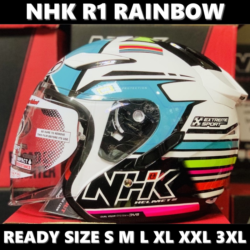 Helm NHK R1 Rainbow White Tosca Double Visor Half Face - Helem Motor SNI DOT Touring Dewasa Pria Wan