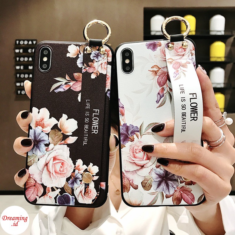 Case Iphone 11 Pro Xs Max X Xr 6 6s 7 8 Plus 3d Relief Soft Wristband Case Motif Hitam Putih Bunga