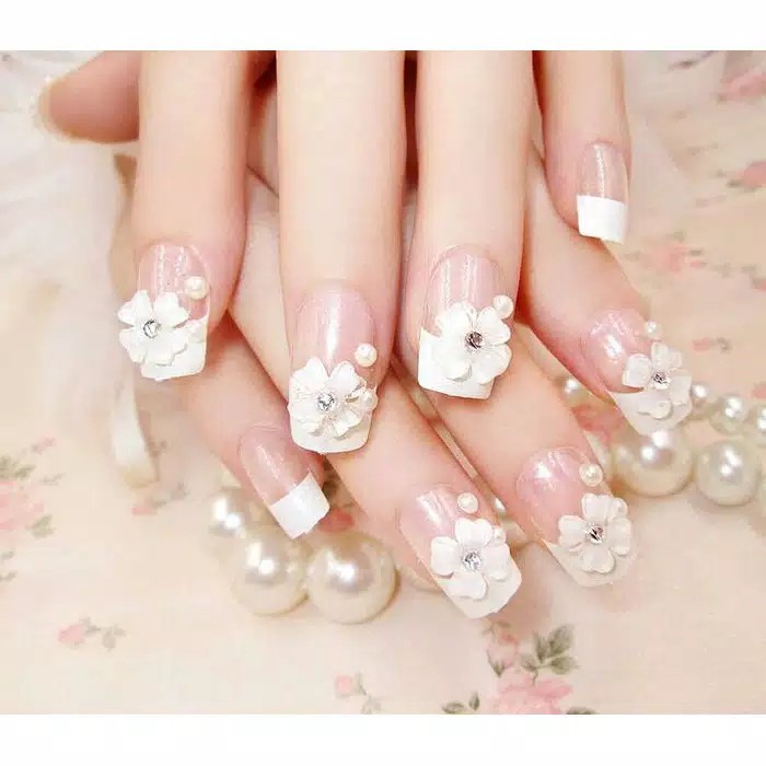 Kuku Palsu 3D / Wedding Fake Nail White Flower / Nail art