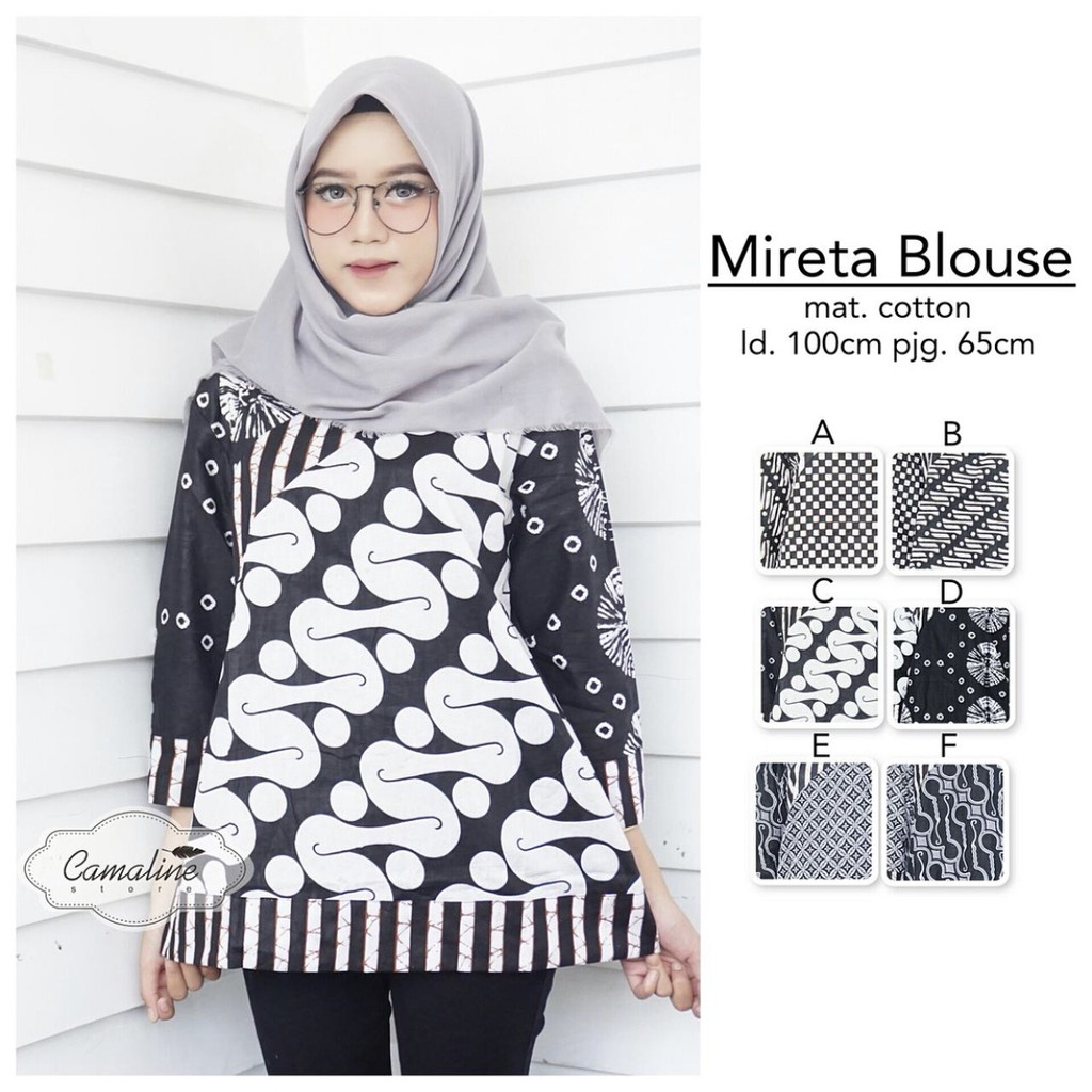 Mireta Blouse Batik Deenay #2 Monokrom Miring Grey Atasan Batik Modern Casual Kerja Seragam Kantor