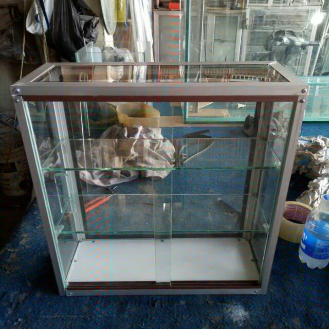Etalase Aluminium Mini 2 Ambal Kaca untuk Pajangan Makanan, Mainan, Aksesori, Voucher, Ukuran 40x15x
