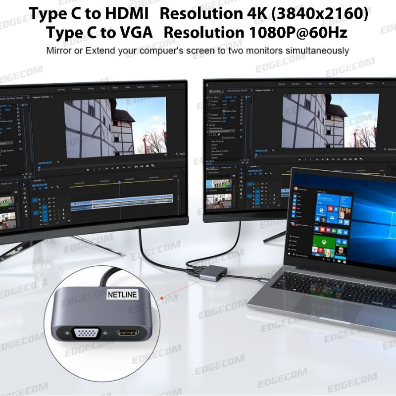 USB 3.1 TYPE C TO VGA &amp; HDMI 4K ADAPTER 2 IN 1 NETLINE