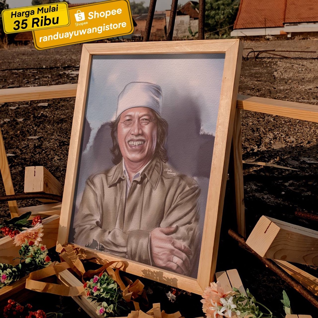Lukisan Cak Nun, Mbah Nun, (Emha Ainun Najib) di Papan MDF ukuran + Pigura Kayu (30x40 cm dan 20x30 