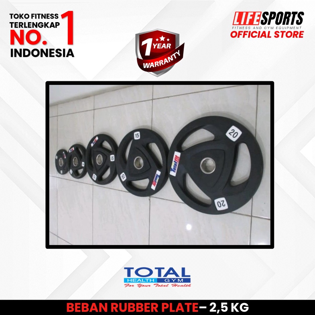TOTAL HEALTH GYM - New Alat Olahraga Fitness Sport Gym Latihan Angkat Beban Rubber Plate Plat Beban Lapisan Karet 15 Kg Total Fitness