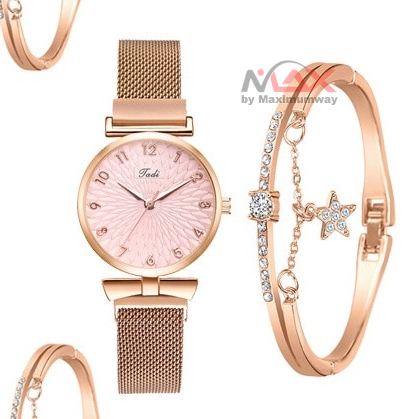 TADI Jam Tangan Wanita Bonus Gelang Premium Rantai Stainless Steel with Bracelet anti karat tahan lama 2022 Luxury Women Bracelet Quartz Watches For Women Magnetic Watch Set Ladies Dress Pink Dial Wrist Watch Clock Fashion Women Watches Luxury Leather