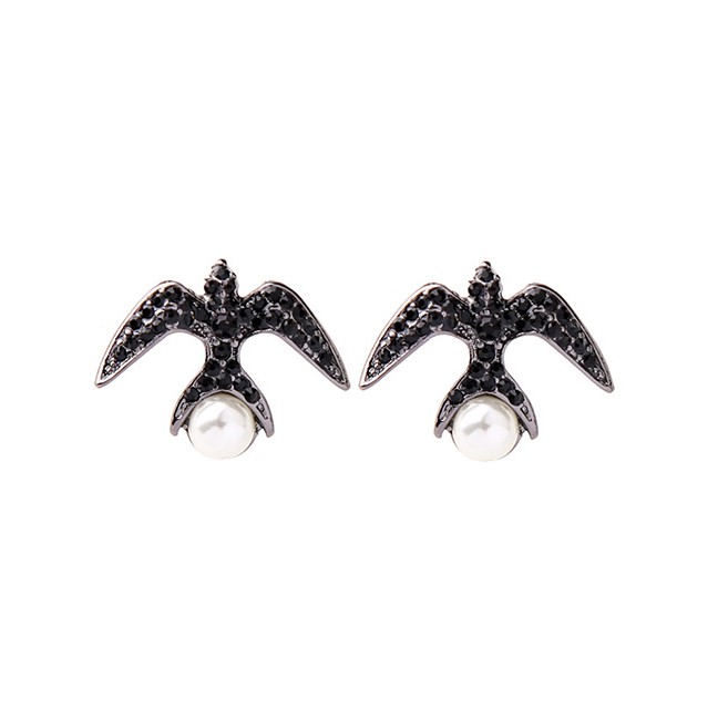 LRC Anting Tusuk Fashion Black Little Swallow Studded Pearl Stud Earrings F5075X