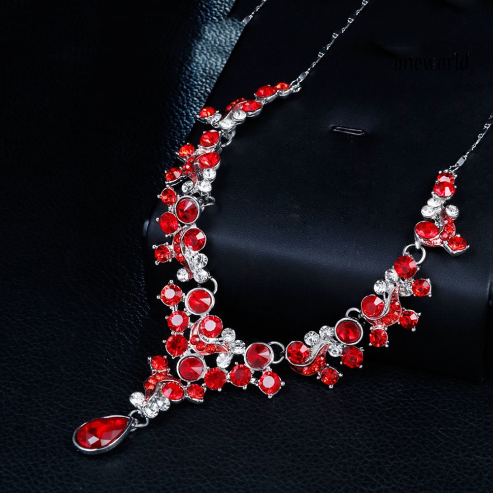 OW@ Luxury Women Rhinestone Flower Necklace Ear Stud Earrings Wedding Jewelry Set