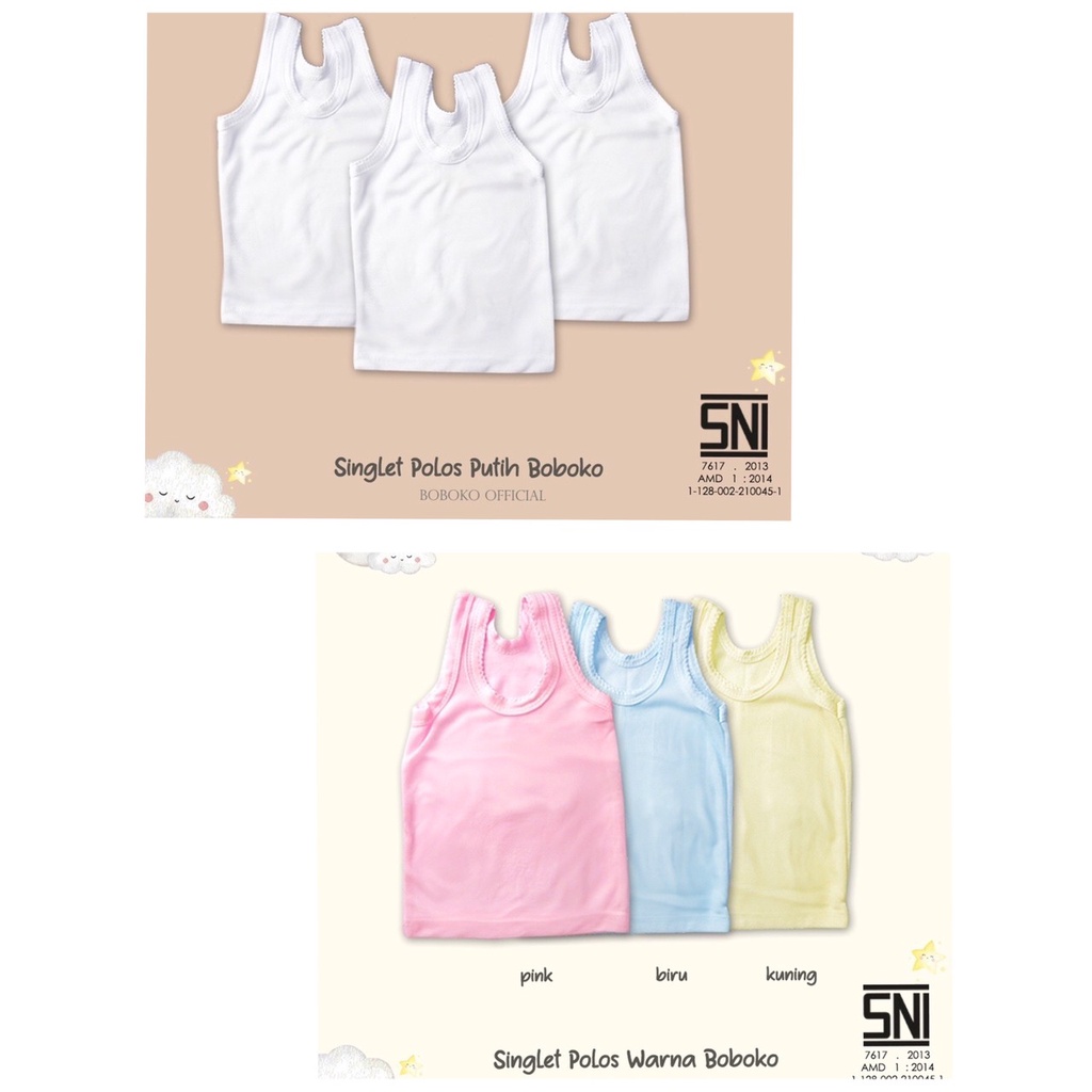 Singlet Bayi Polos Putih Newborn SNI Halus / Singlet Warna NB 0-3m Boboko / Andreatex