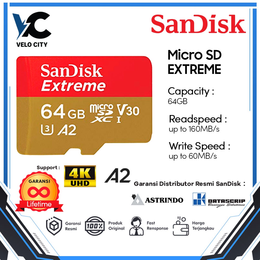 Memory Card Micro SD Sandisk 64Gb Class10 160mbps Extreme V2 Sandisk Original Garansi Life Time