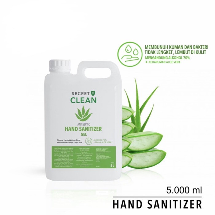 Secret Clean Gel Antiseptic Hand Sanitizer Aloe Vera 5 Liter