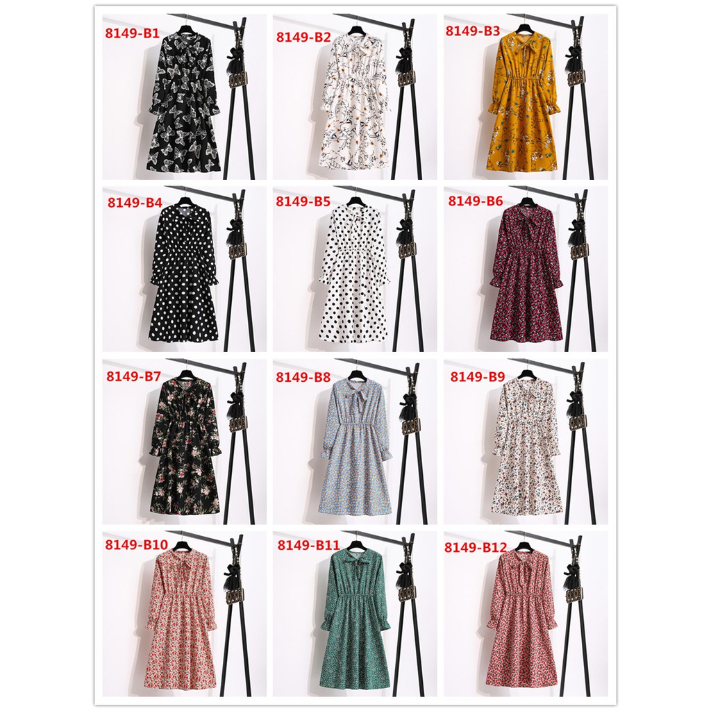 Bebovizi Midi dress korea Lengan Panjang Wanita Motif Bunga Model / Vintage / Casual Bahan Sifon