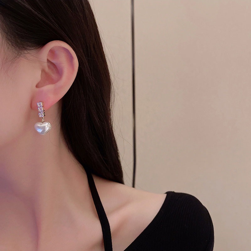 Anting Tusuk Sterling Silver 925 Desain Hati Hias Zircon + Mutiara Gaya Mewah Untuk Wanita