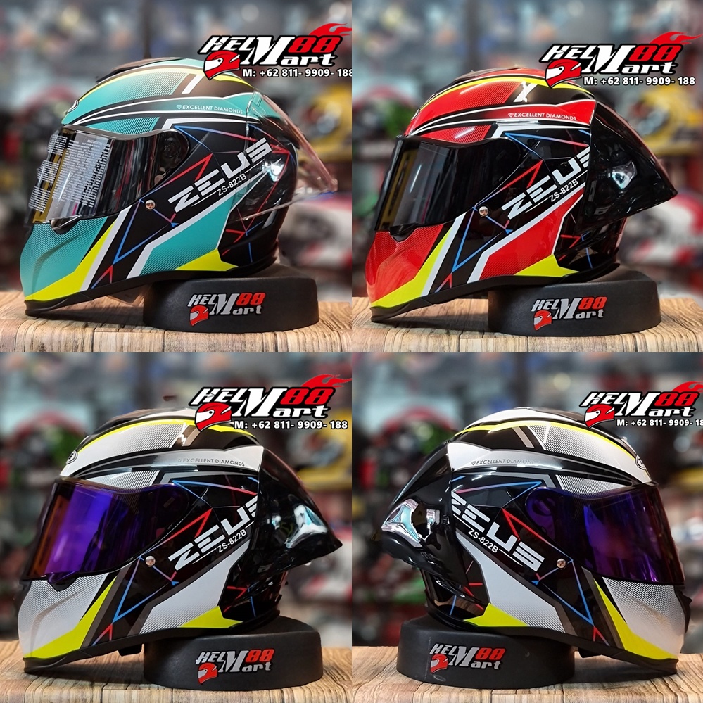 ZEUS 822B Motif Paket Ganteng Helm Zeus Flat Visor ZS822 Paket Lengkap ZS-822B ala Shark