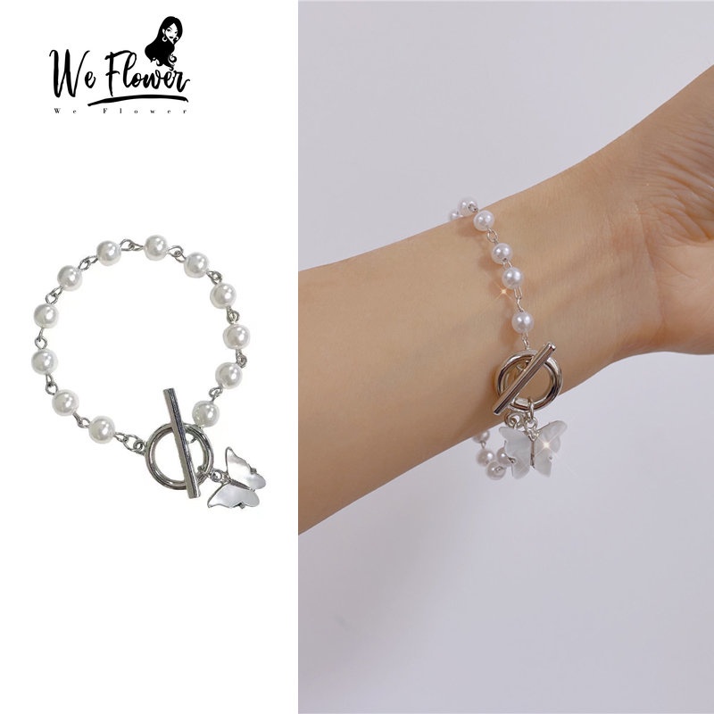 We Flower Gelang Rantai Manik-Manik Mutiara Aksen Kupu-Kupu Warna Silver Gaya Vintage Korea Untuk Wanita