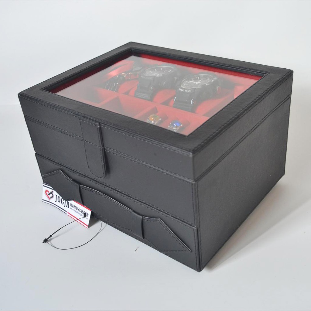 ORIGINAL Watch Box Organizer - Kotak Tempat Jam Tangan Sport &amp; Tempat Perhiasan Berlaci Hitam Merah