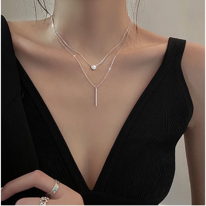 Kalung Choker Rantai 925 Silver Double Layer Dengan Liontin Zircon Bulat Untuk Wanita