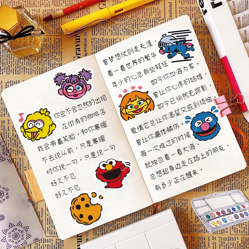 40 Sesame Street stiker kartun animasi emoji Jurnal bahan air lucu kaca graffiti tangan Buku stiker