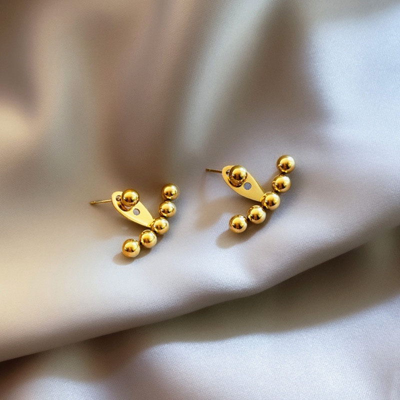 Anting Titanium Wanita Asli Melengkung Manik Emas 18k anti karat dan anti luntur