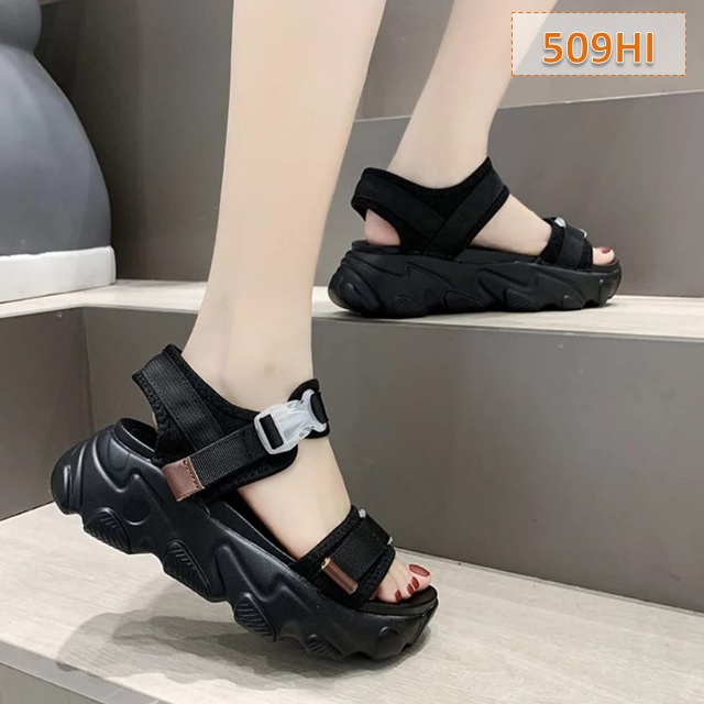 Sandal Gunung Tali Wanita Dreams Fahion Kasual Korea Sol Tebal 5 Cm Hitam Hijau (509)