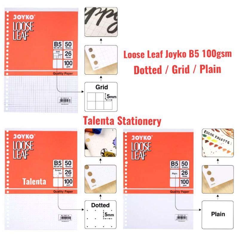 Kertas File / Isi Binder Loose Leaf Joyko B5 Grid / Dotted / Polos 50 Lembar