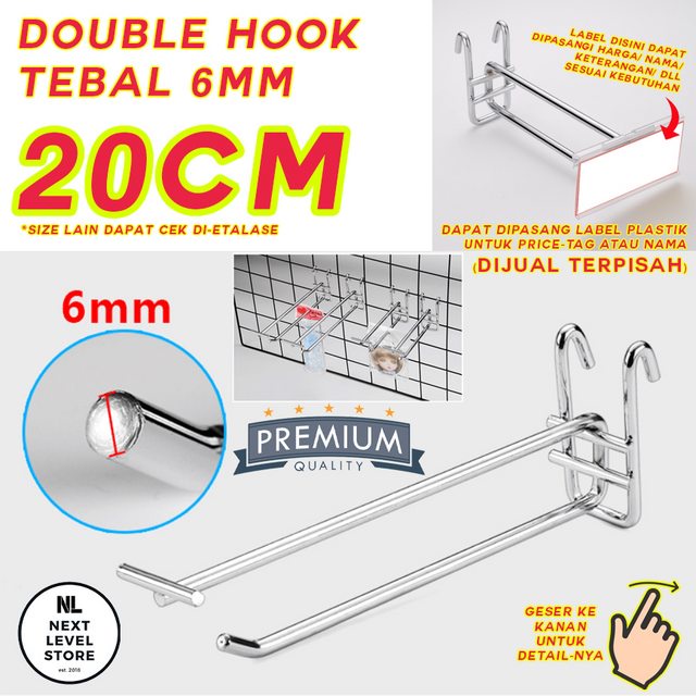 Double Hook Ram 20 CM TEBAL 6mm Display Mesh Cantolan Besi Stainless Label Nama Price Card