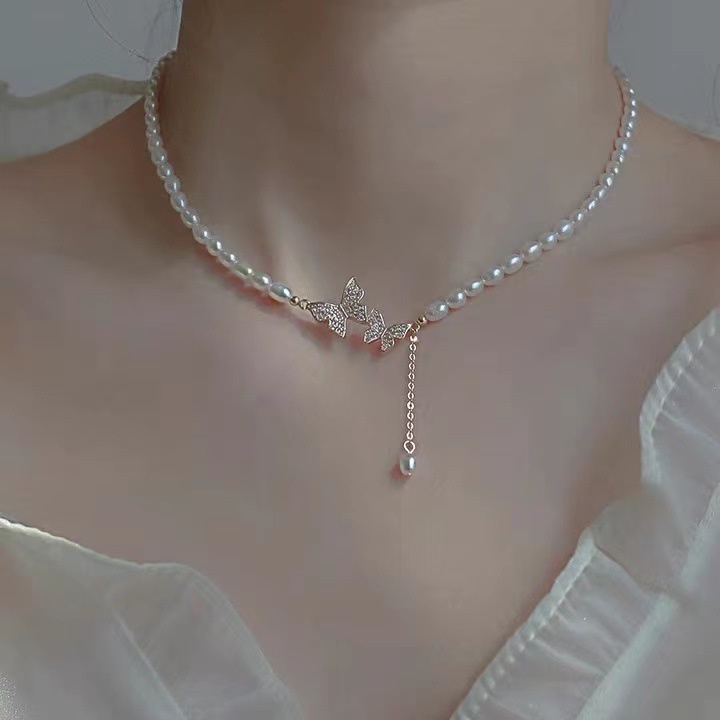 Kalung Rantai Klavikula Hias Mutiara Kupu-Kupu Bahan Zirkon Gaya Korea Untuk Perempuan